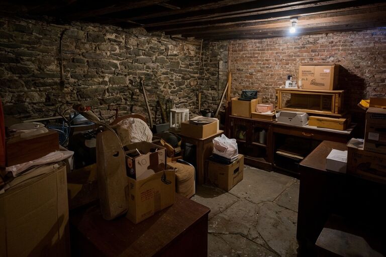 Cluttered Brooklyn brownstone basement filled with stored furniture and boxes