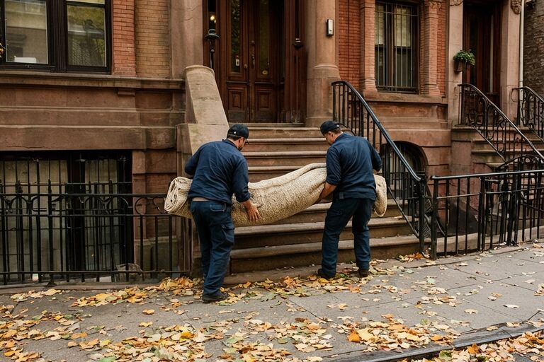 Workers carrying a rolled carpet down a Brooklyn brownstone front stoop