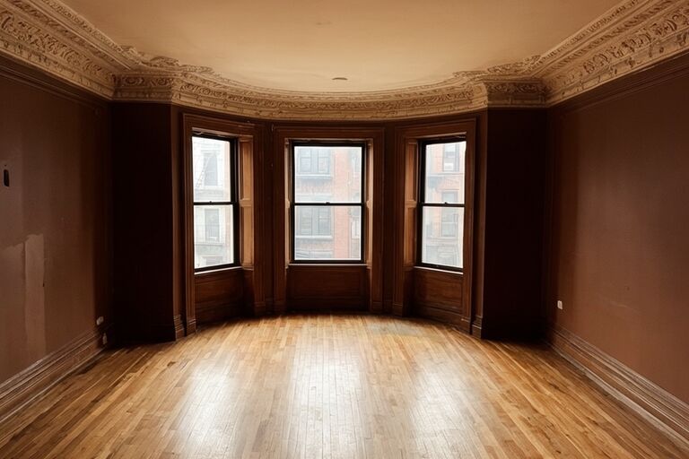 Clean empty brownstone parlor room with restored hardwood floors after cleanout