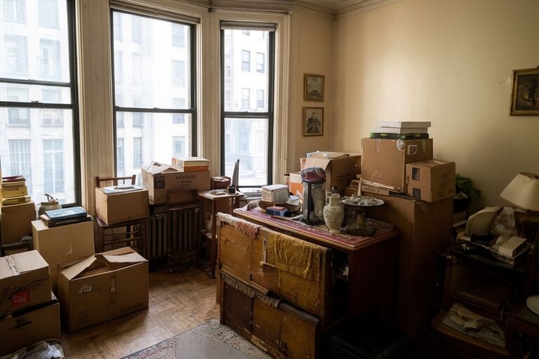 Cluttered Manhattan apartment interior with furniture and boxes awaiting removal