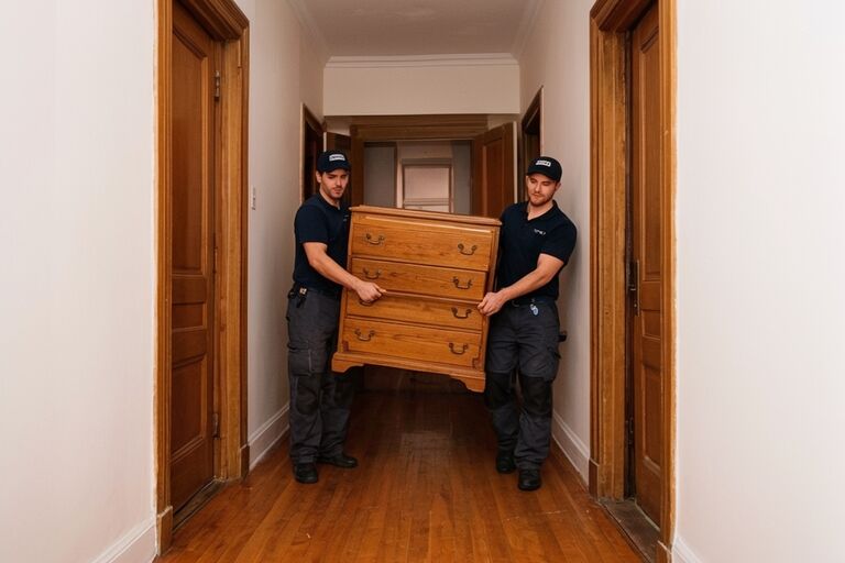Professional junk removal workers carrying a dresser through a Manhattan hallway