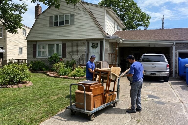 Workers loading household furniture onto a hand truck in a Queens driveway