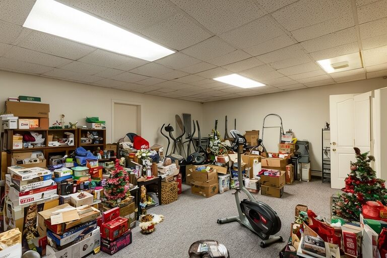 Cluttered suburban basement in Staten Island filled with decades of stored items