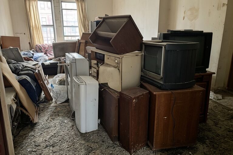 Old furniture and appliances piled in a Bronx apartment awaiting removal