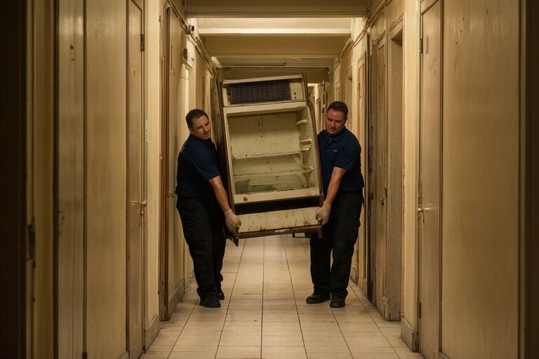 Workers carrying a large refrigerator through a Bronx apartment doorway