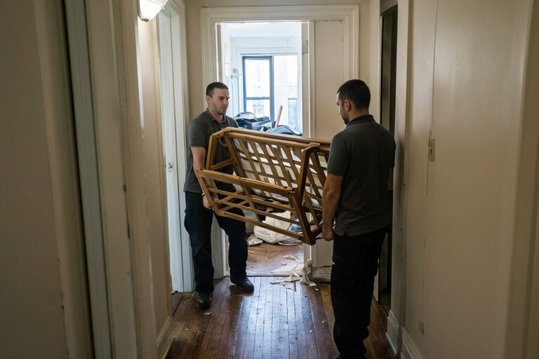 Workers carrying a disassembled bed frame through a narrow NYC apartment doorway