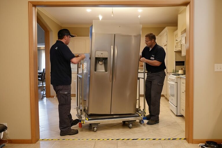 Workers using an appliance dolly to wheel a refrigerator through a kitchen doorway