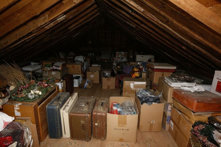 Cramped residential attic packed with dusty boxes and forgotten belongings