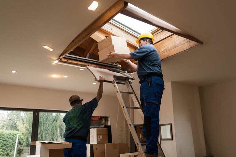 Workers carefully passing boxes down through an attic hatch opening