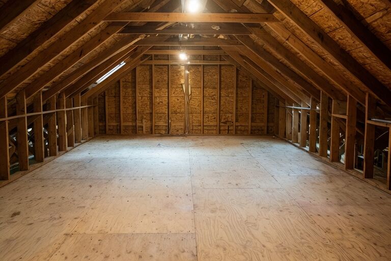 Clean empty residential attic space after complete cleanout with visible rafters