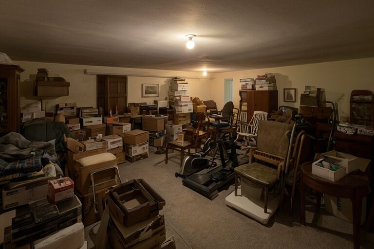 Packed residential basement filled with stacked boxes and old exercise equipment