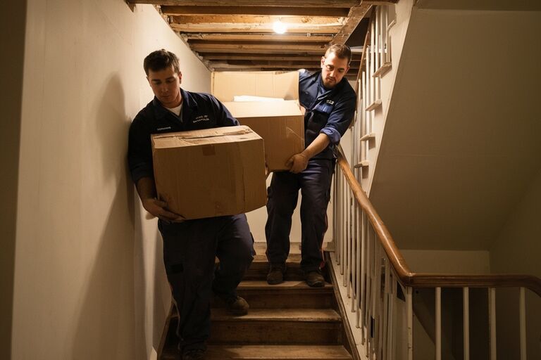 Workers carrying heavy boxes up a narrow basement staircase during cleanout