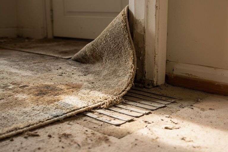 Old worn carpet being peeled back exposing subfloor and tack strips underneath
