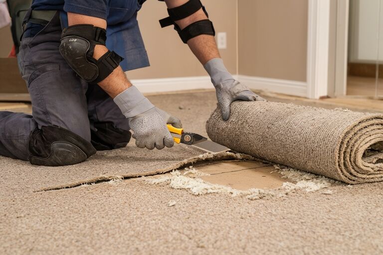 Worker using a utility knife to cut and pull up old carpet from room floor