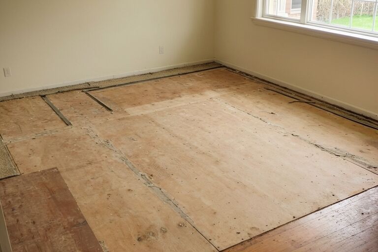 Clean bare subfloor after carpet and padding fully removed ready for new flooring