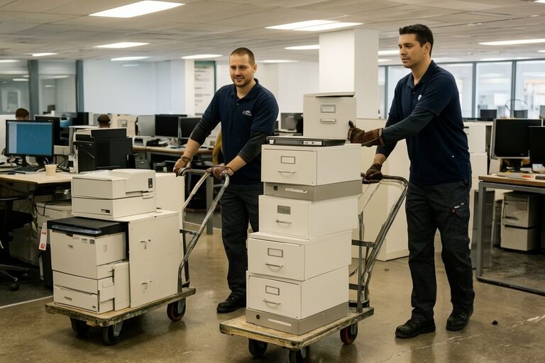 Workers using hand trucks to move filing cabinets through a commercial space