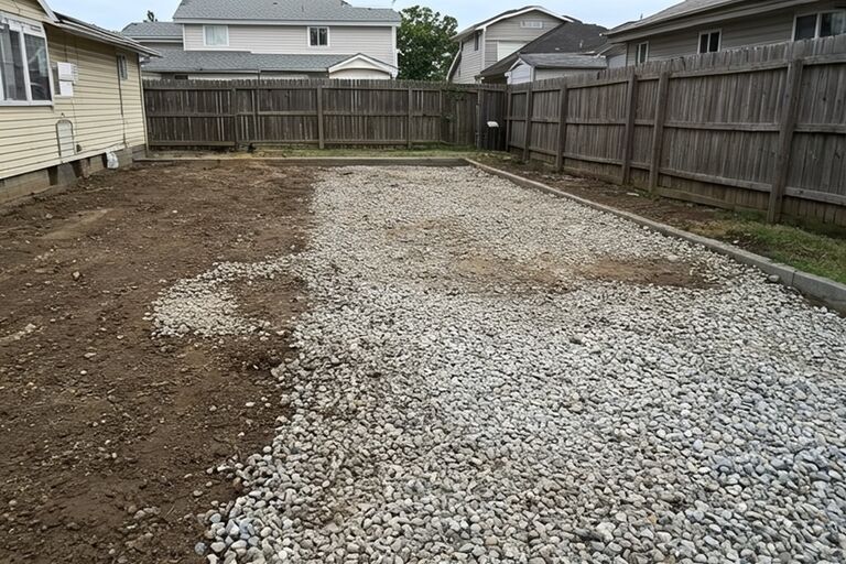 Clean bare ground with gravel base after concrete slab fully demolished