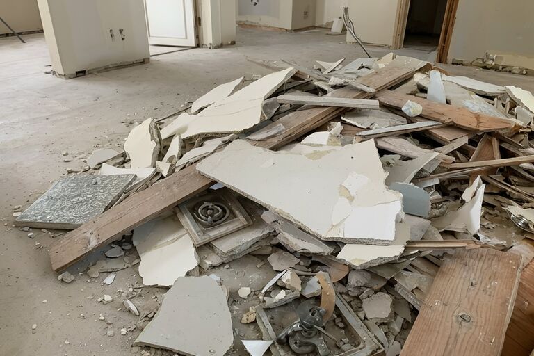Pile of construction debris including drywall lumber and old tiles at renovation site