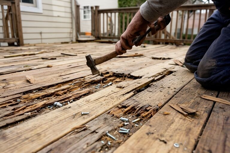 Worker using a pry bar to rip up old wooden deck boards during demolition