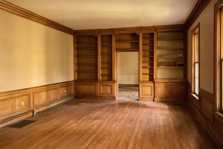 Clean empty estate home rooms with hardwood floors and built-in bookshelves cleared