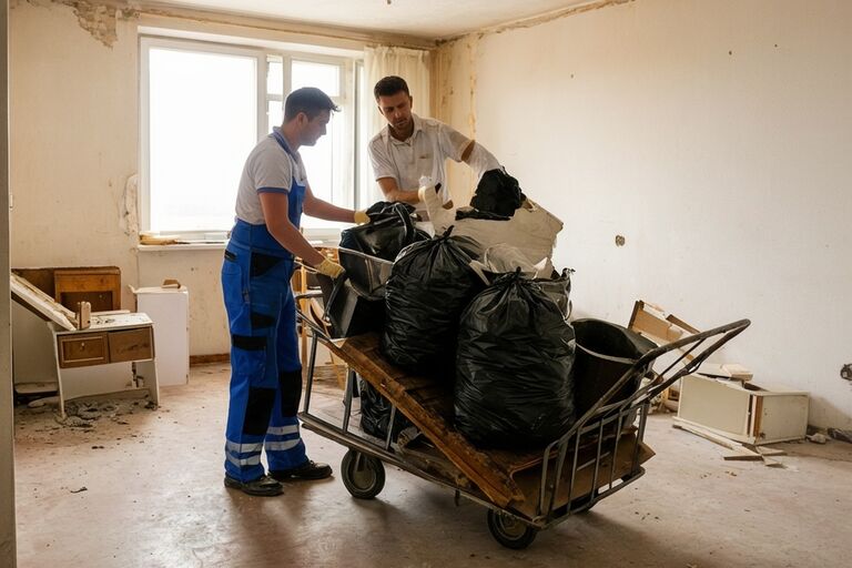 Workers loading trash bags and abandoned furniture during an eviction cleanout