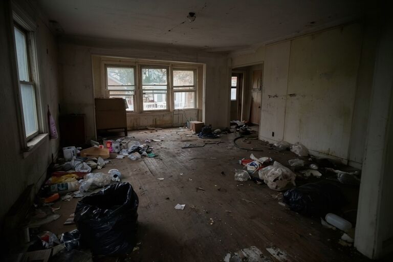 Vacant foreclosed home interior with abandoned items and debris scattered in rooms