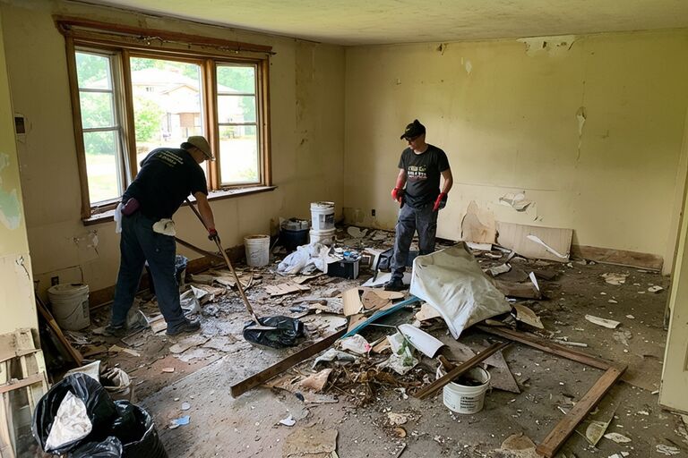 Workers methodically clearing debris from inside a vacant foreclosed property