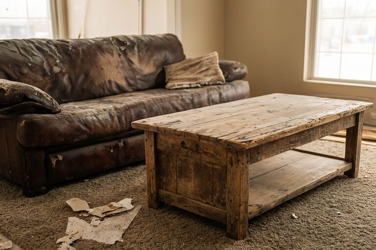 Worn leather sofa and old coffee table in a living room marked for removal