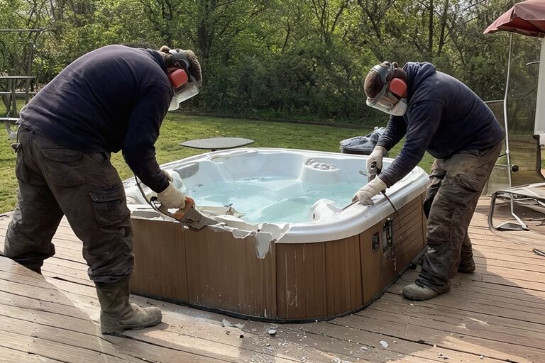 Workers using a reciprocating saw to cut apart a hot tub shell on a deck