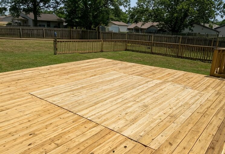 Clean open wooden deck space where a hot tub used to sit in backyard