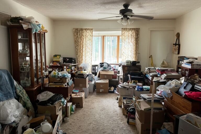 House interior with rooms full of accumulated belongings and furniture everywhere