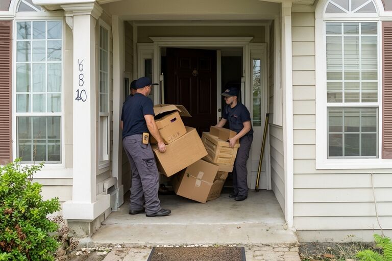 Workers carrying furniture and boxes out through the front door during house cleanout
