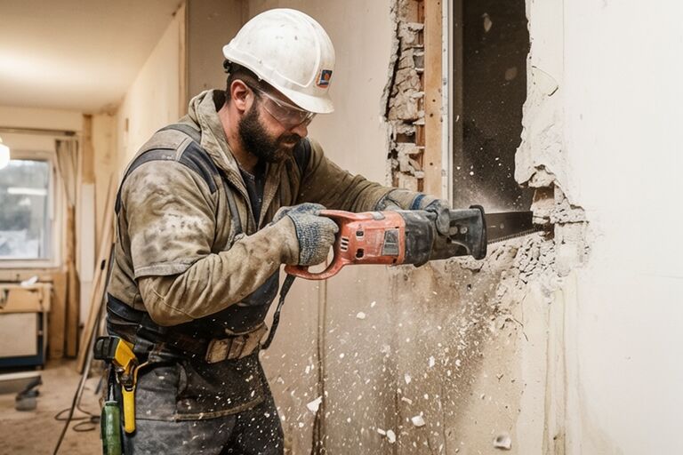 Worker using a reciprocating saw to cut through an interior wall during demolition