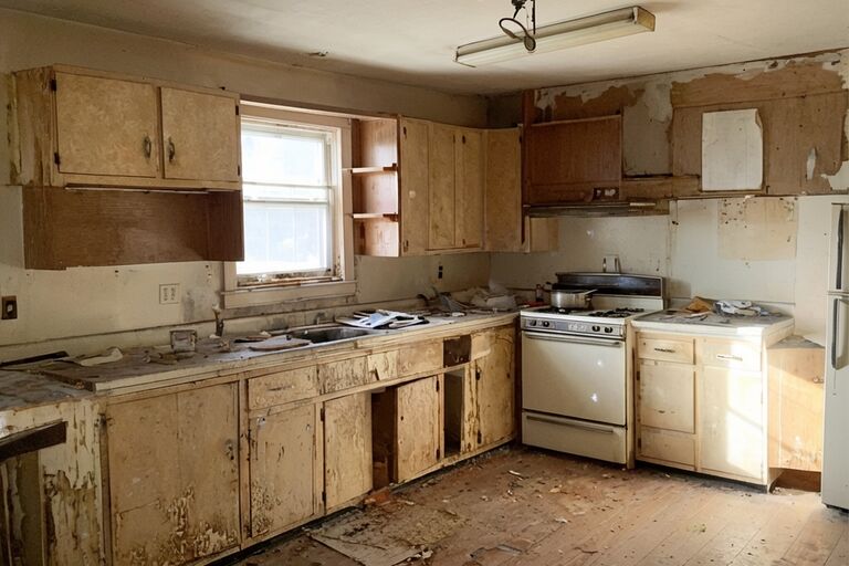 Outdated kitchen with old laminate cabinets and worn countertops ready for demolition