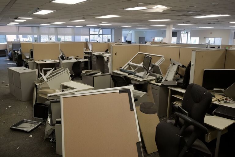 Commercial office cluttered with old cubicle panels desks and stacked chairs