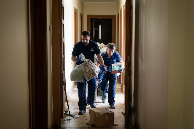 Workers efficiently clearing out a rental unit between tenant turnovers