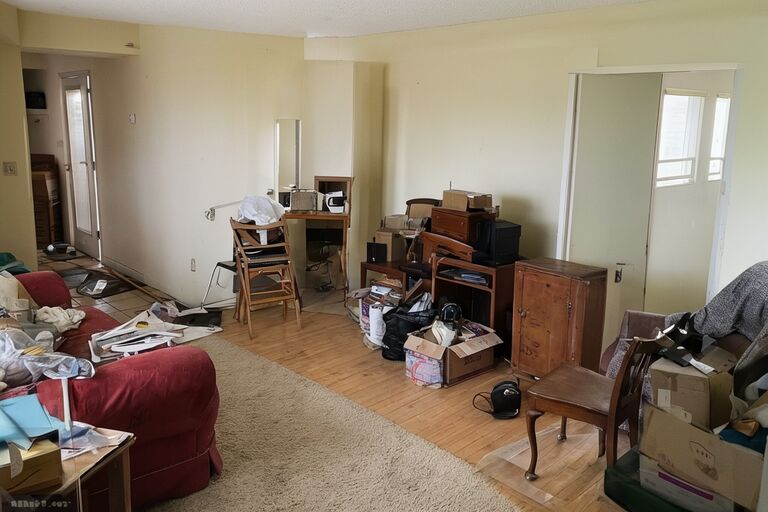 Home interior with miscellaneous clutter staged for removal before listing