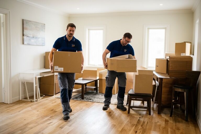Workers carrying boxes and furniture out of a home being prepared for sale