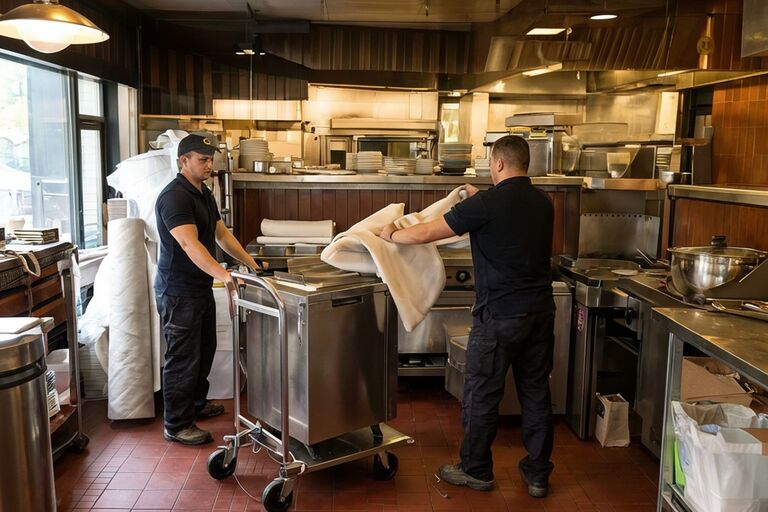 Workers removing stainless steel commercial kitchen equipment from a restaurant