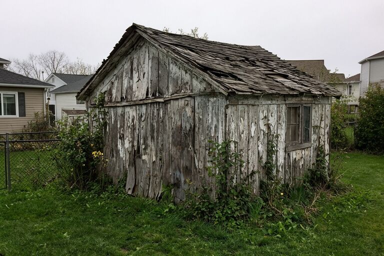 Old weathered wooden garden shed with peeling paint and sagging roof in backyard