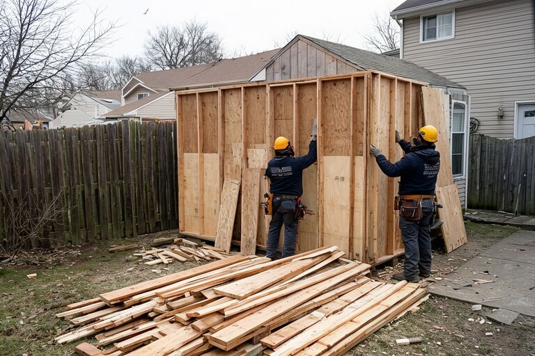 Workers dismantling a wooden shed wall panel by panel in a residential backyard