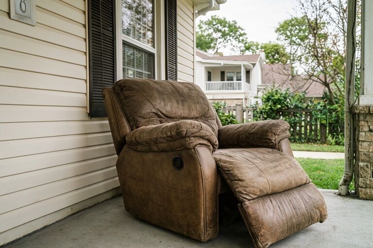 Single large old recliner chair sitting on a residential front porch for pickup