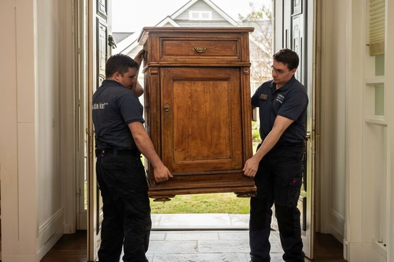 Workers lifting and carrying a heavy old armoire through a front doorway