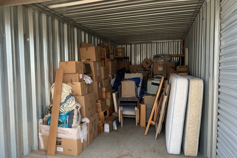 Packed storage unit with boxes and furniture stacked from floor to ceiling