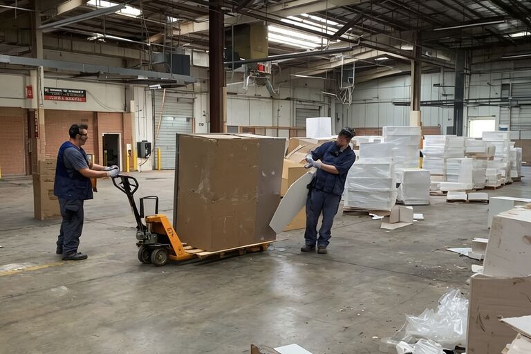 Workers using a pallet jack to move items across a warehouse floor during cleanout