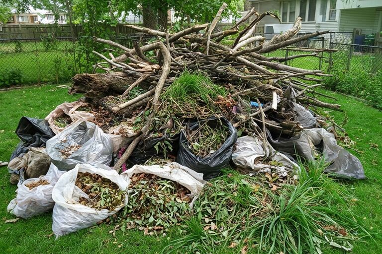 Large pile of yard waste including tree branches and leaf bags in backyard
